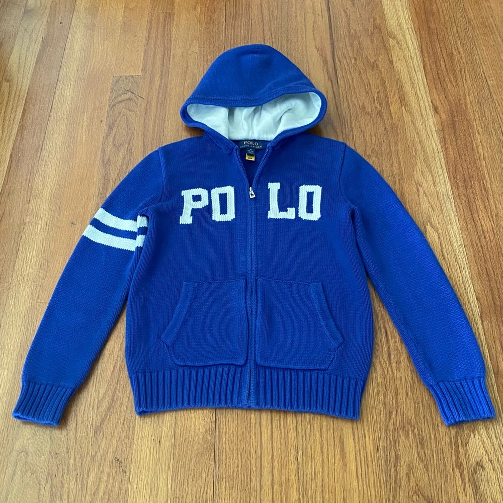 Polo by Ralph Lauren Royal Blue Knit Cotton Zip Sweater with White Accents